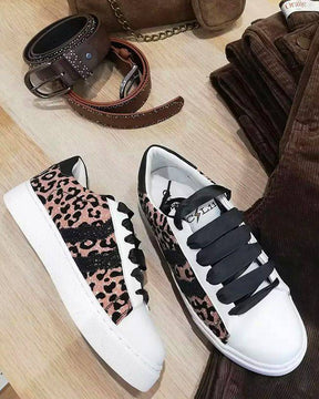 Zapatillas de mujer con estampado de leopardo y lentejuelas con cordones - CL07 GOLD - Casualmode.es